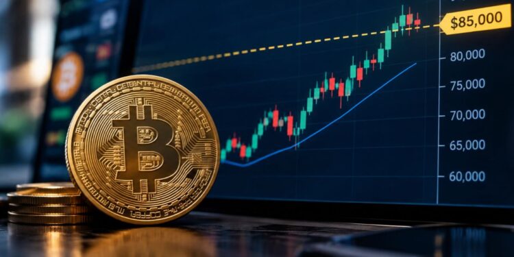 Moneda física de Bitcoin dorada junto a una pantalla con un gráfico financiero alcista alcanzando los USD 85.000.