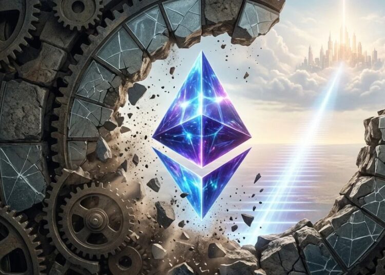 Logo de Ethereum rompiendo un escudo de colores