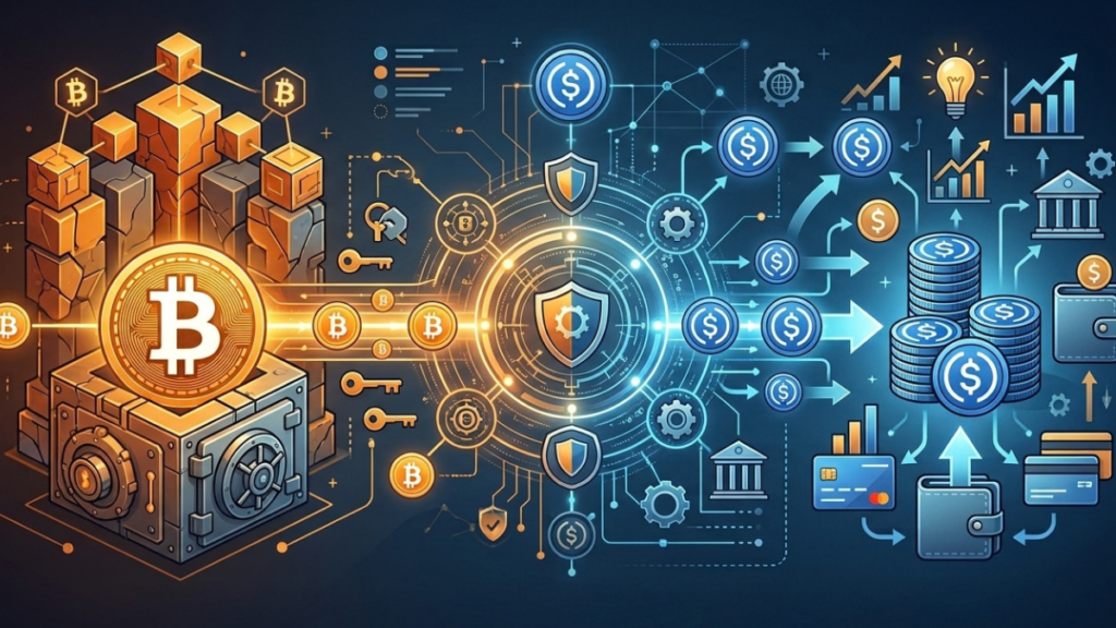 Diagrama conceptual de préstamos en USDC respaldados por Bitcoin con una bóveda de seguridad y flujo de datos financieros.