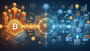 Diagrama conceptual de préstamos en USDC respaldados por Bitcoin con una bóveda de seguridad y flujo de datos financieros.