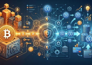 Diagrama conceptual de préstamos en USDC respaldados por Bitcoin con una bóveda de seguridad y flujo de datos financieros.