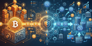 Diagrama conceptual de préstamos en USDC respaldados por Bitcoin con una bóveda de seguridad y flujo de datos financieros.