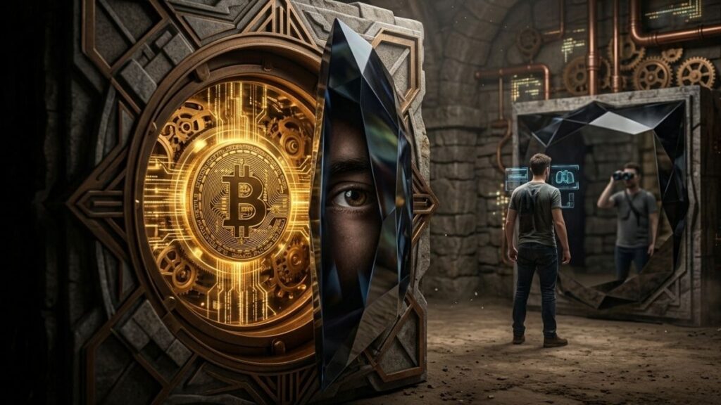 Un ojo espía una bóveda de bitcoin en primer plano.