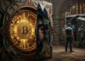 Un ojo espía una bóveda de bitcoin en primer plano.