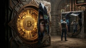 Un ojo espía una bóveda de bitcoin en primer plano.