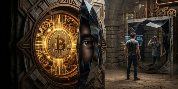 Un ojo espía una bóveda de bitcoin en primer plano.