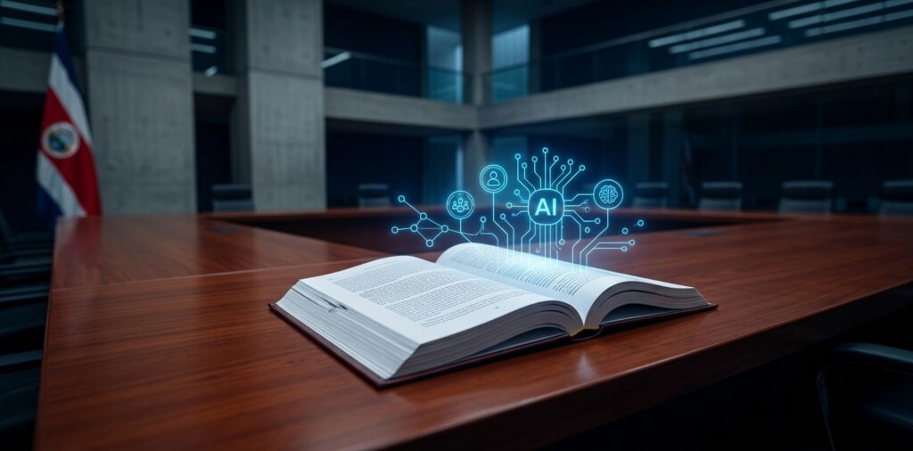 Un borrador de ley abierto sobre una mesa de madera ejecutiva en una sala parlamentaria con iluminación tenue, del cual emergen hologramas azules que representan nodos de blockchain e inteligencia artificial.