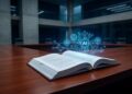 Un borrador de ley abierto sobre una mesa de madera ejecutiva en una sala parlamentaria con iluminación tenue, del cual emergen hologramas azules que representan nodos de blockchain e inteligencia artificial.