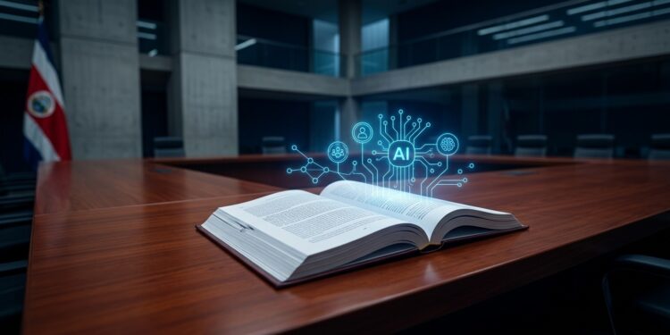 Un borrador de ley abierto sobre una mesa de madera ejecutiva en una sala parlamentaria con iluminación tenue, del cual emergen hologramas azules que representan nodos de blockchain e inteligencia artificial.