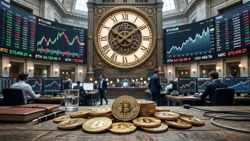 Monedas de bitcoin con un reloj gigante de fondo y gráficos de mercado mixtas en el fondo.