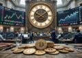 Monedas de bitcoin con un reloj gigante de fondo y gráficos de mercado mixtas en el fondo.