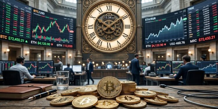 Monedas de bitcoin con un reloj gigante de fondo y gráficos de mercado mixtas en el fondo.