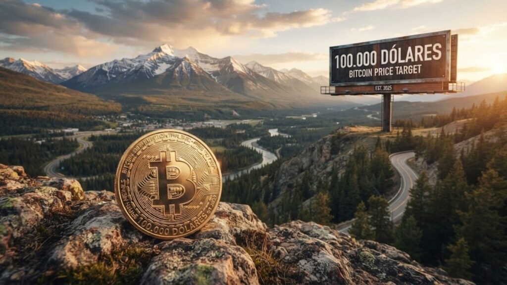 Moneda de bitcoin viendo hacia el horizonte un letrero que dice "100.000 dólares".