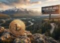 Moneda de bitcoin viendo hacia el horizonte un letrero que dice "100.000 dólares".