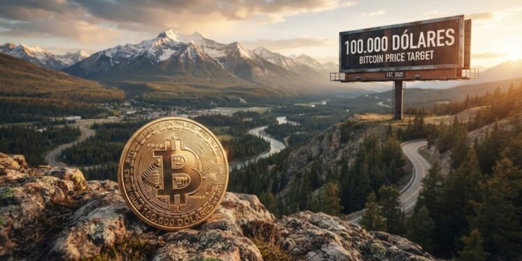 Moneda de bitcoin viendo hacia el horizonte un letrero que dice "100.000 dólares".