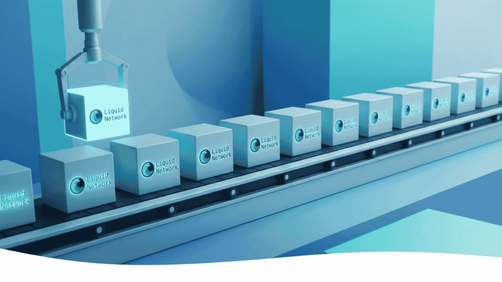 Cinta transportadora con bloques con el logo de Liquid.