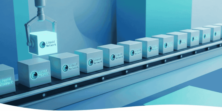 Cinta transportadora con bloques con el logo de Liquid.