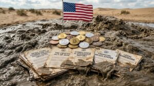 Criptomonedas con la bandera de EEUU, con la bandera sobre documentos y regulaciones, que están sobre arena movediza.