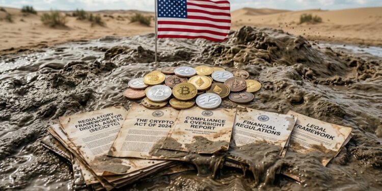 Criptomonedas con la bandera de EEUU, con la bandera sobre documentos y regulaciones, que están sobre arena movediza.
