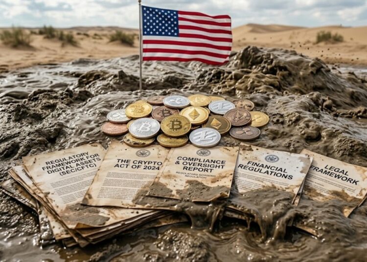 Criptomonedas con la bandera de EEUU, con la bandera sobre documentos y regulaciones, que están sobre arena movediza.