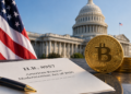 Capitolio de EE. UU., bandera estadounidense y una moneda de Bitcoin junto a un proyecto de ley.
