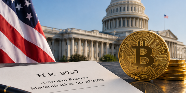 Capitolio de EE. UU., bandera estadounidense y una moneda de Bitcoin junto a un proyecto de ley.