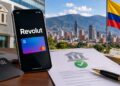 Un teléfono inteligente que muestra la aplicación y la tarjeta digital de Revolut, junto con documentos de apertura de cuenta, tarjetas físicas y la bandera de Colombia, con una vista de Bogotá de fondo.