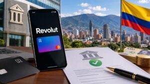 Un teléfono inteligente que muestra la aplicación y la tarjeta digital de Revolut, junto con documentos de apertura de cuenta, tarjetas físicas y la bandera de Colombia, con una vista de Bogotá de fondo.