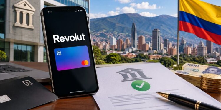 Un teléfono inteligente que muestra la aplicación y la tarjeta digital de Revolut, junto con documentos de apertura de cuenta, tarjetas físicas y la bandera de Colombia, con una vista de Bogotá de fondo.