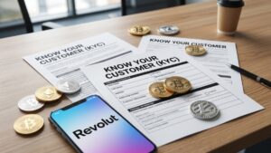 Papeles que dicen "Know your costumer (KYC)", con criptomonedas alrededor, y el logo de Revolut.