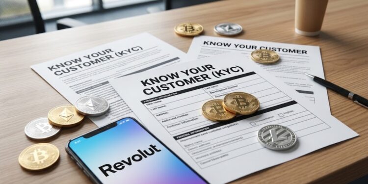 Papeles que dicen "Know your costumer (KYC)", con criptomonedas alrededor, y el logo de Revolut.