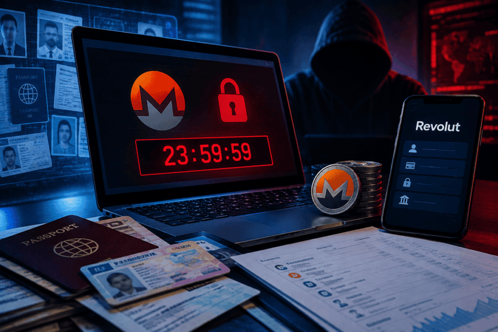 Computadora hackeada, con documentos y un telefono con el logo de Revolut