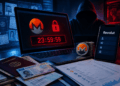 Computadora hackeada, con documentos y un telefono con el logo de Revolut