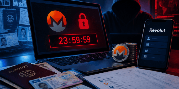 Computadora hackeada, con documentos y un telefono con el logo de Revolut