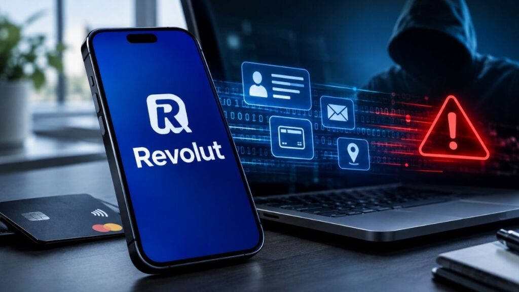 Teléfono móvil mostrando la aplicación de Revolut junto a un ordenador portátil con iconos de datos personales y un símbolo de advertencia de ciberseguridad.