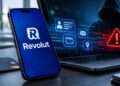 Teléfono móvil mostrando la aplicación de Revolut junto a un ordenador portátil con iconos de datos personales y un símbolo de advertencia de ciberseguridad.