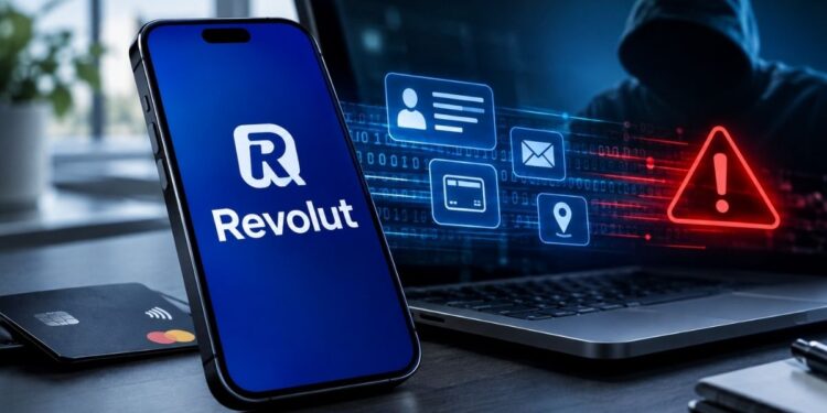 Teléfono móvil mostrando la aplicación de Revolut junto a un ordenador portátil con iconos de datos personales y un símbolo de advertencia de ciberseguridad.