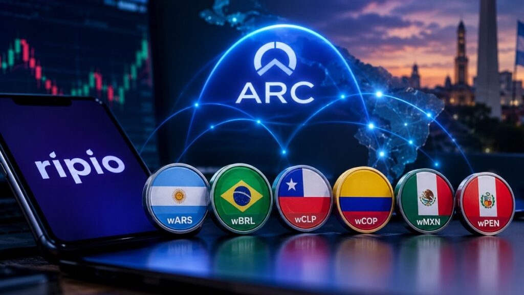 Smartphone con el logo de Ripio en la pantalla y monedas de países de Latinoamérica a su lado.