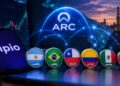 Smartphone con el logo de Ripio en la pantalla y monedas de países de Latinoamérica a su lado.
