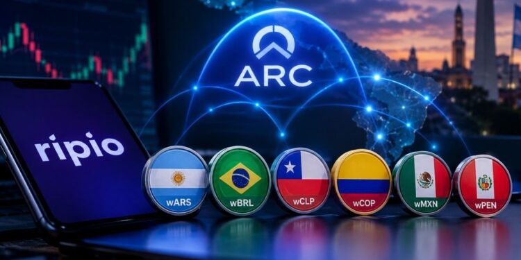 Smartphone con el logo de Ripio en la pantalla y monedas de países de Latinoamérica a su lado.