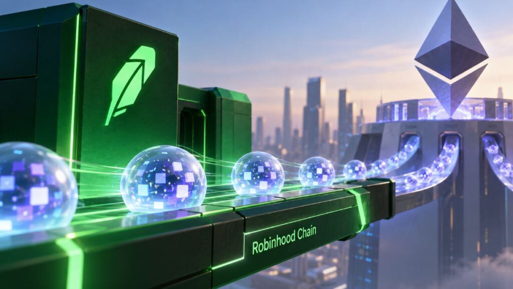 esferas con estrellas sobre una cinta transportadora que dice Robinhood Chain.