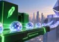 esferas con estrellas sobre una cinta transportadora que dice Robinhood Chain.