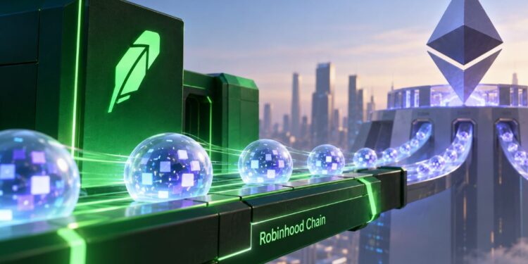 esferas con estrellas sobre una cinta transportadora que dice Robinhood Chain.