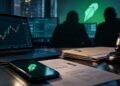 Escritorio de oficina legal con un mazo, documentos, y un teléfono que muestra el logo de Robinhood.