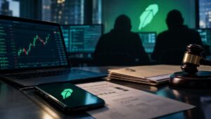 Escritorio de oficina legal con un mazo, documentos, y un teléfono que muestra el logo de Robinhood.