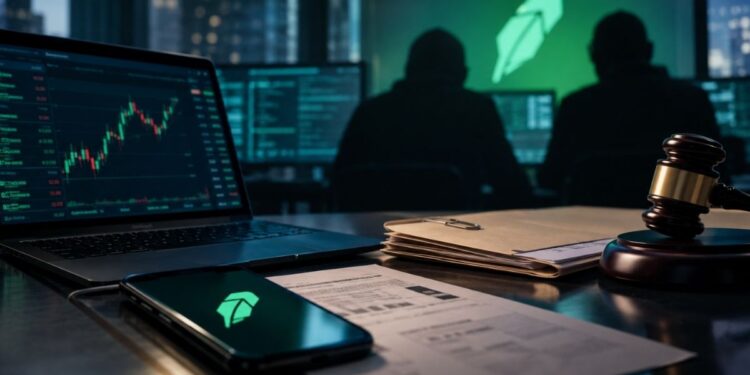 Escritorio de oficina legal con un mazo, documentos, y un teléfono que muestra el logo de Robinhood.
