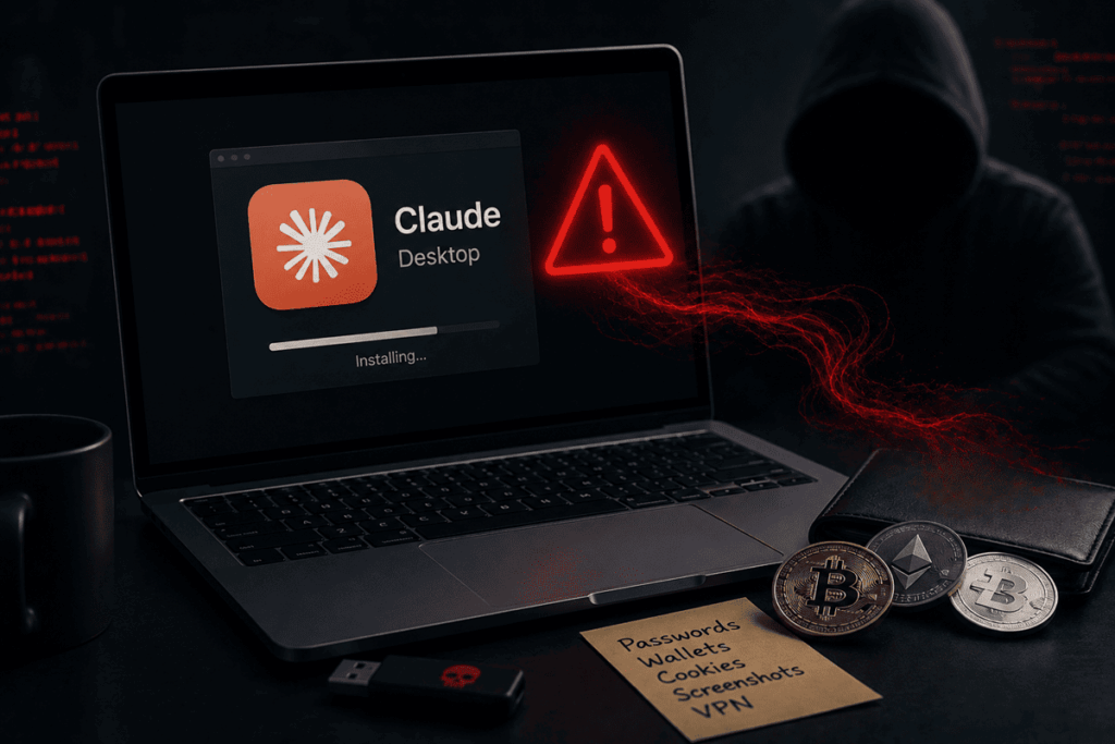 Laptop con falsa aplicación de Claude, alerta de malware y criptomonedas amenazadas.