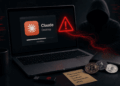 Laptop con falsa aplicación de Claude, alerta de malware y criptomonedas amenazadas.