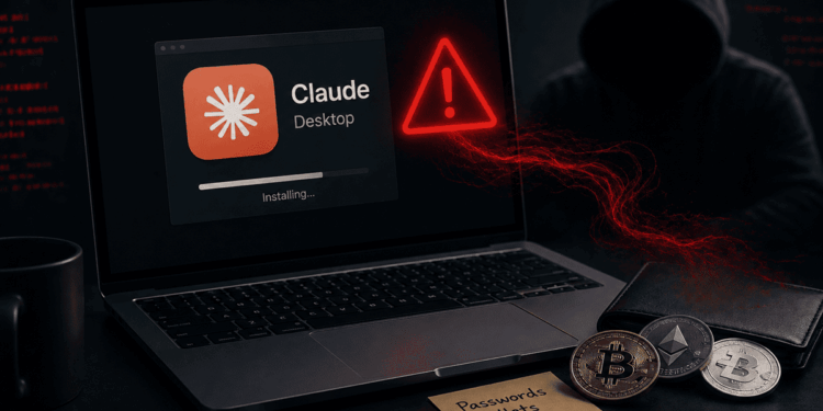 Laptop con falsa aplicación de Claude, alerta de malware y criptomonedas amenazadas.