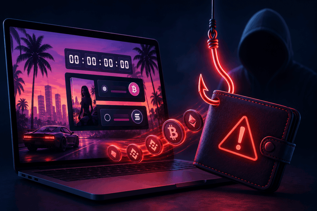 Un portátil muestra un videojuego mientras criptomonedas son atraídas hacia una wallet digital en peligro.